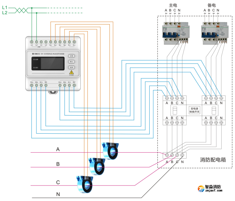 DK-5206三相四線雙電源電壓/電流信號傳感器接線圖