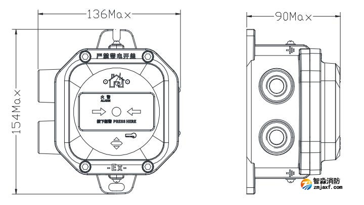 J-SAP-M-A62G-Ex隔爆型手動火災報警按鈕外觀尺寸