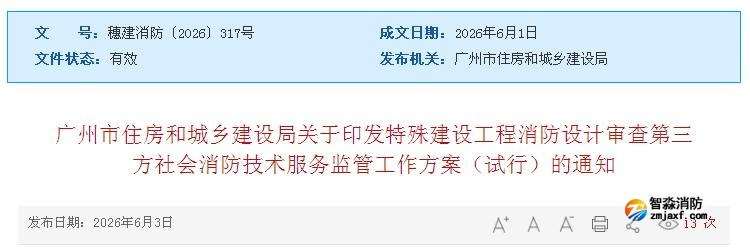 廣州住建：特殊建設工程消防設計審查第三方社會消防技術服務監管工作方案